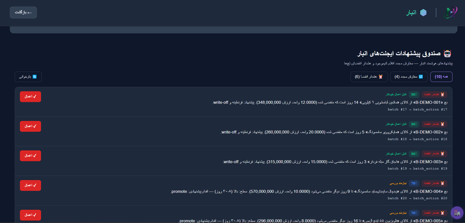 ایجنت‌های انبارِ نویرا — هشدارِ انقضای بچ، کالای راکد و کسری