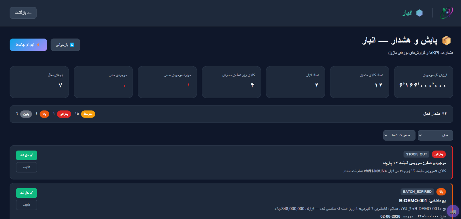 پایش و هشدار انبار نویرا — موجودی صفر و بچ منقضی
