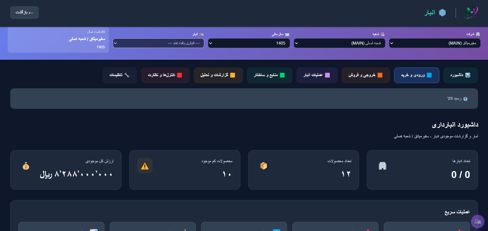 داشبورد انبارداری نویرا — ارزش کل موجودی و اقلام کم‌موجود